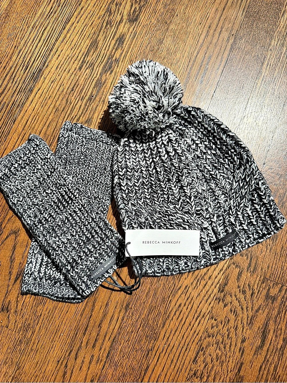 Rebecca Minkoff Marled Beanie and Arm Warmer Set Black & Gray NWT